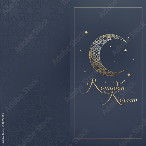 Greeting card  invitation for muslim community holy month Ramadan Kareem. Islamic arabic background. Gold traditional pattern. Vector illustration.
