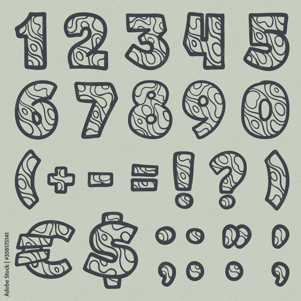 Numbers set and punctuation marks with waves line pattern. Numbers set and punctuation marks with waves line pattern.