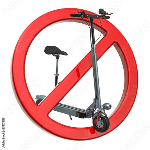 Forbidden sign with electric kick scooter. 3D rendering