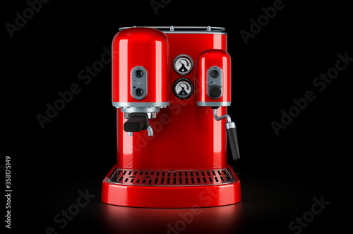 Fototapeta Naklejka Na Ścianę i Meble -  Red coffeemaker or coffee machine retro design on black background, 3D rendering