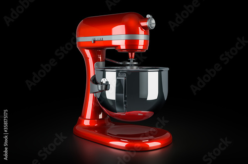 Fototapeta Naklejka Na Ścianę i Meble -  Red stand kitchen mixer on black background, 3D rendering