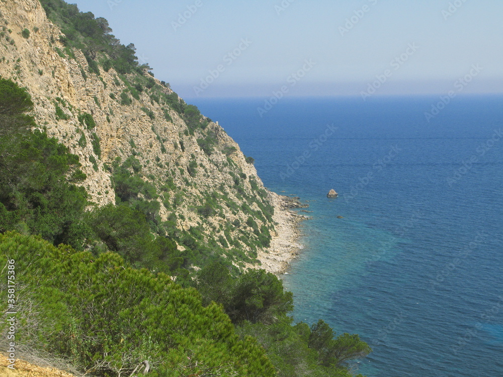 Coastal landscape with blue sea, trees and yellow crumbling rocks of the steep cliffs at Sol d'en Serra Bay, Ibiza, Spain