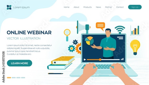 Webinar. Internet conference. Web based seminar. Distance Learning. E-learning Training business concept. Video tutorials. Online courses. Workplace and working on laptop. Vector illustration.