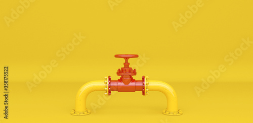 Yellow pipes with a red valve on a yellow background. 3D Render.