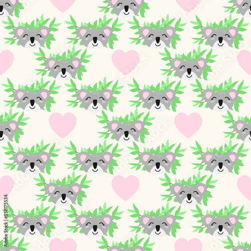 Vector seamless pattern with cute koalas, hearts and eucalyptus branches. Background in naive cartoon doodle with australian bear for paper, textile, texture, scrapbooking