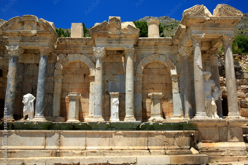 Sagalassos ancient city. Antonine fountain (Antonine Nymphaeum) 160-180 AD. Burdur, Turkey.