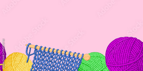 Seamless banner with yarn and knitting on a pink background.