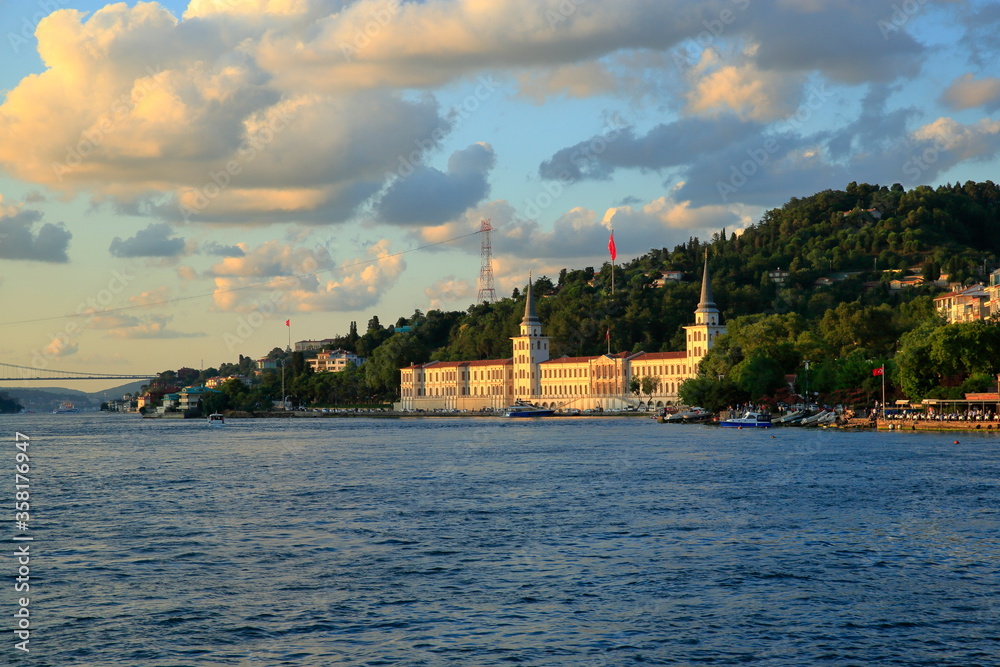 View of historical Kuleli Military High School at sunset, on the shore of the Bosphorus. Istanbul, Turkey