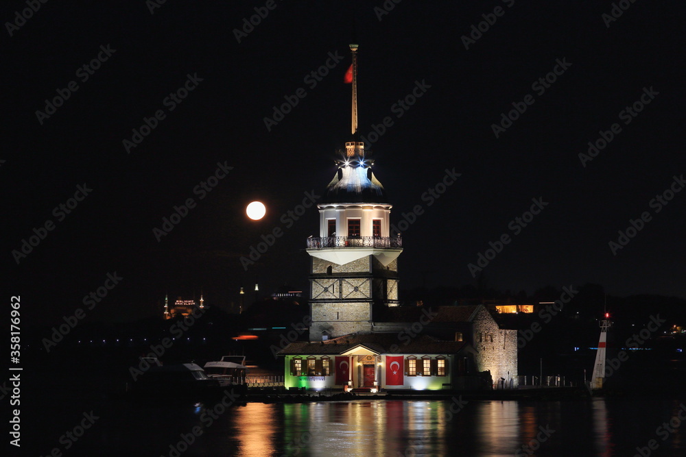 Maiden's Tower, Istanbul. Night view of historic Maiden's Tower with moonlight. Turkey