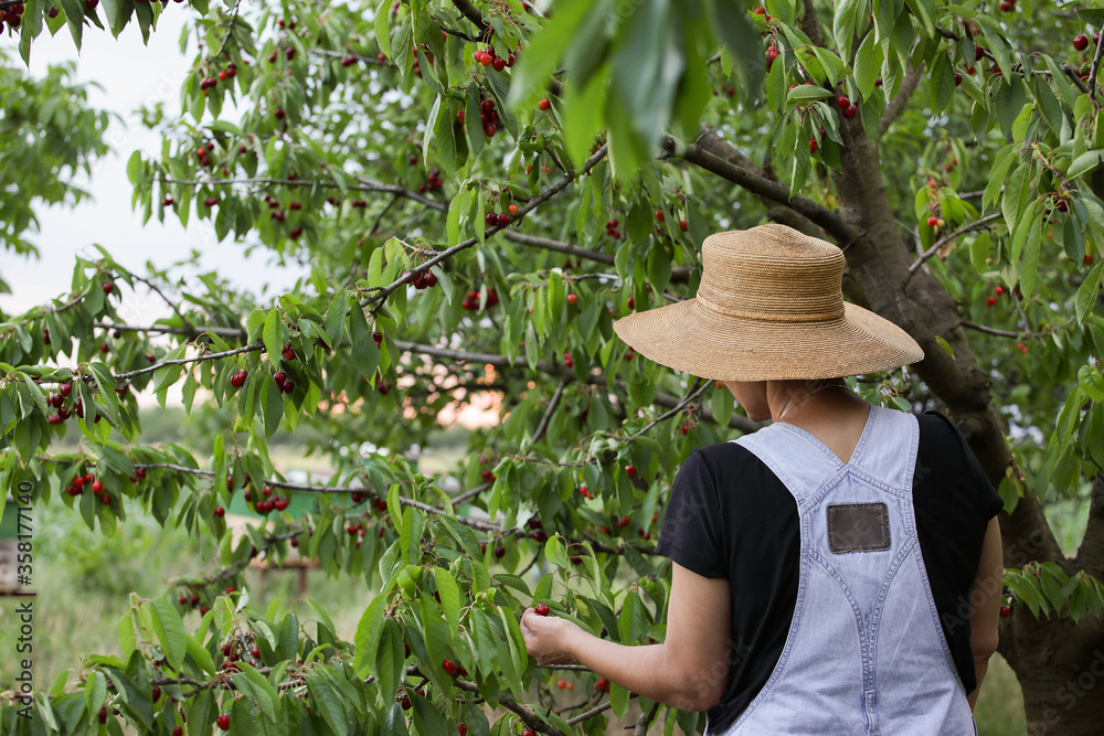 a girl with a straw hat and cherries