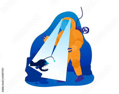 Research deep bottom ocean, male character diving costume explore deepwater isolated on white, cartoon vector illustration. Study flora and fauna, concept underwater work sea submariner.