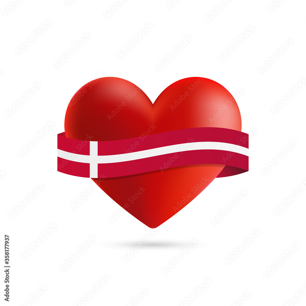 Heart with waving Denmark flag. Vector illustration.