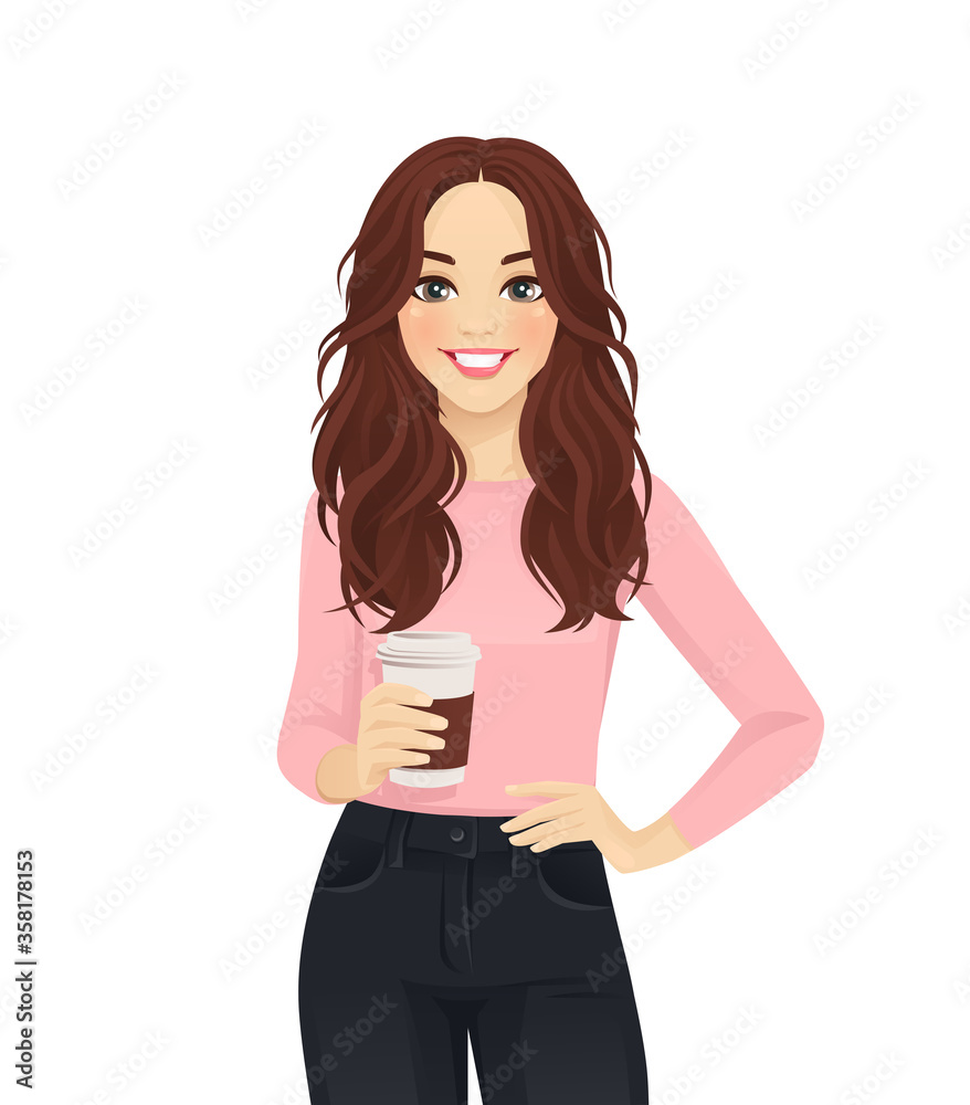 Young woman with long hair in casual style clothes with coffee cup isolated vector illustration Young woman with long hair in casual style clothes with coffee cup isolated vector illustration