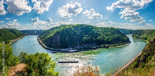 Panoramic landscape of River Rhine and Loreley on the right viewed from Rheinsteig trail viewpoint Felsenkanzel in Rhineland Palatinate near Sankt Goarshausen