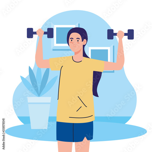 exercise at home, woman lifting weights, using the house as a gym vector illustration design