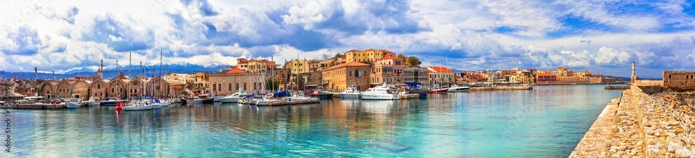 Crete island. Panorama of beautiful Chania old town. Greece travel and landmarks