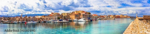 Crete island. Panorama of beautiful Chania old town. Greece travel and landmarks