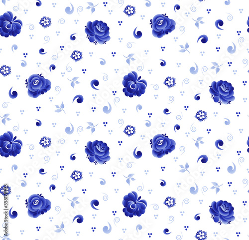 Seamless vegetative pattern made in the technique of Russian folk art Gzhel. Abstract design