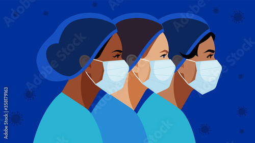 Nurses in medical mask and hat. Virus symbol in the air. Medical staff are fighting a viral infection. Vector illustration of a nurse in blue uniform on a blue.