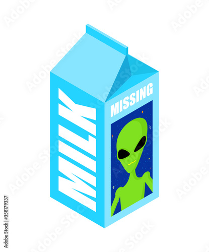 Milk box missing alien. Search for missing UFO on milk packaging. vector illustration