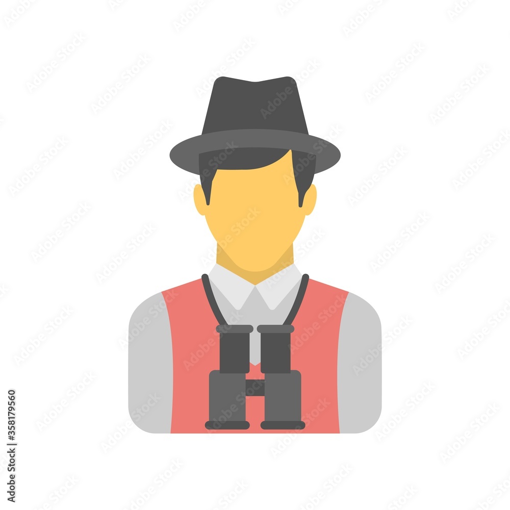 Man with binoculars icon in flat design style. Discovery sign.