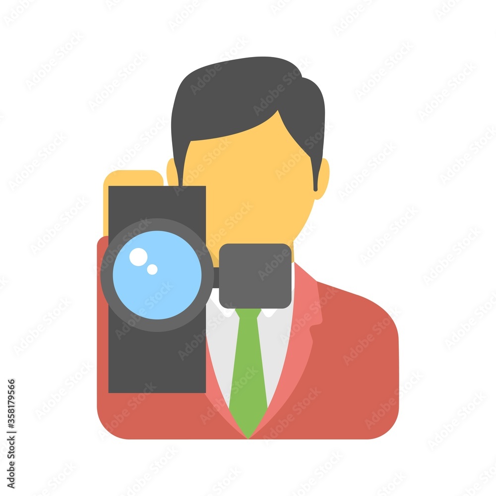 Cameraman icon in flat design style. Videographer sign. News reporter symbol.