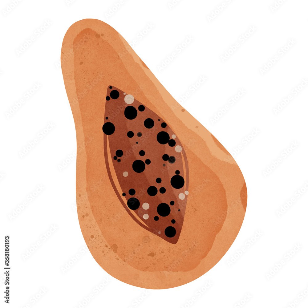 Kawaii orange tropical fruit papaya half top view. Textural flat art. Menu print, packaging, wrapping paper, sticker, social media post, banner, postcard, invitation Kawaii orange tropical fruit papaya half top view. Textural flat art. Menu print, packaging, wrapping paper, sticker, social media post, banner, postcard, invitation