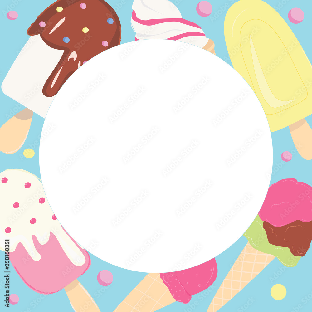 Border with bright vector ice cream. Template for your menu and advertisement.Food Cartoon Illustration