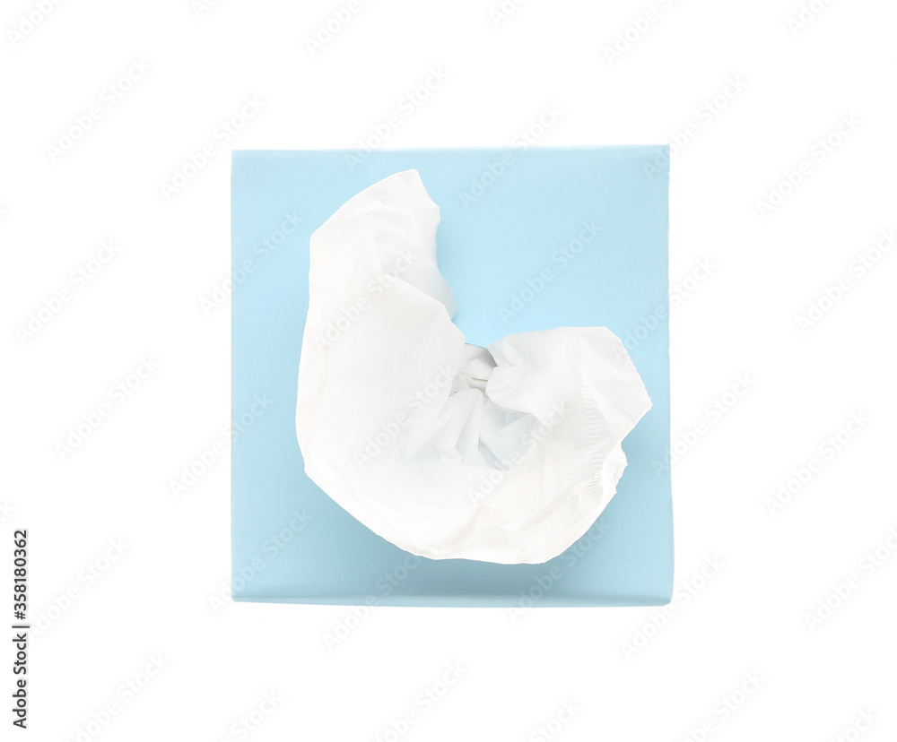 Box with paper tissues isolated on white, top view Box with paper tissues isolated on white, top view