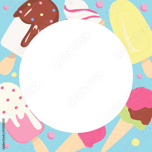 Border with bright vector ice cream. Template for your menu and advertisement.Food Cartoon Illustration