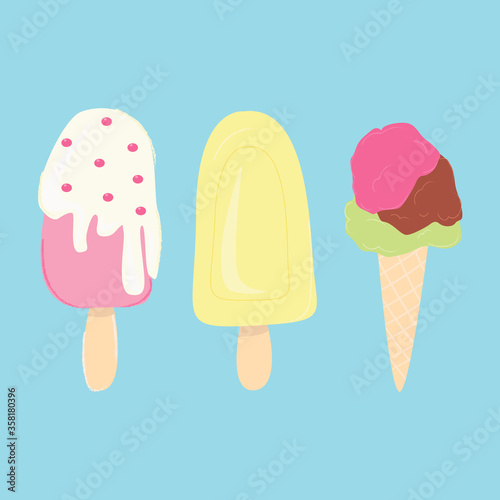 Set of three cartoon vector ice creams on a blue background. © Olga Feliz