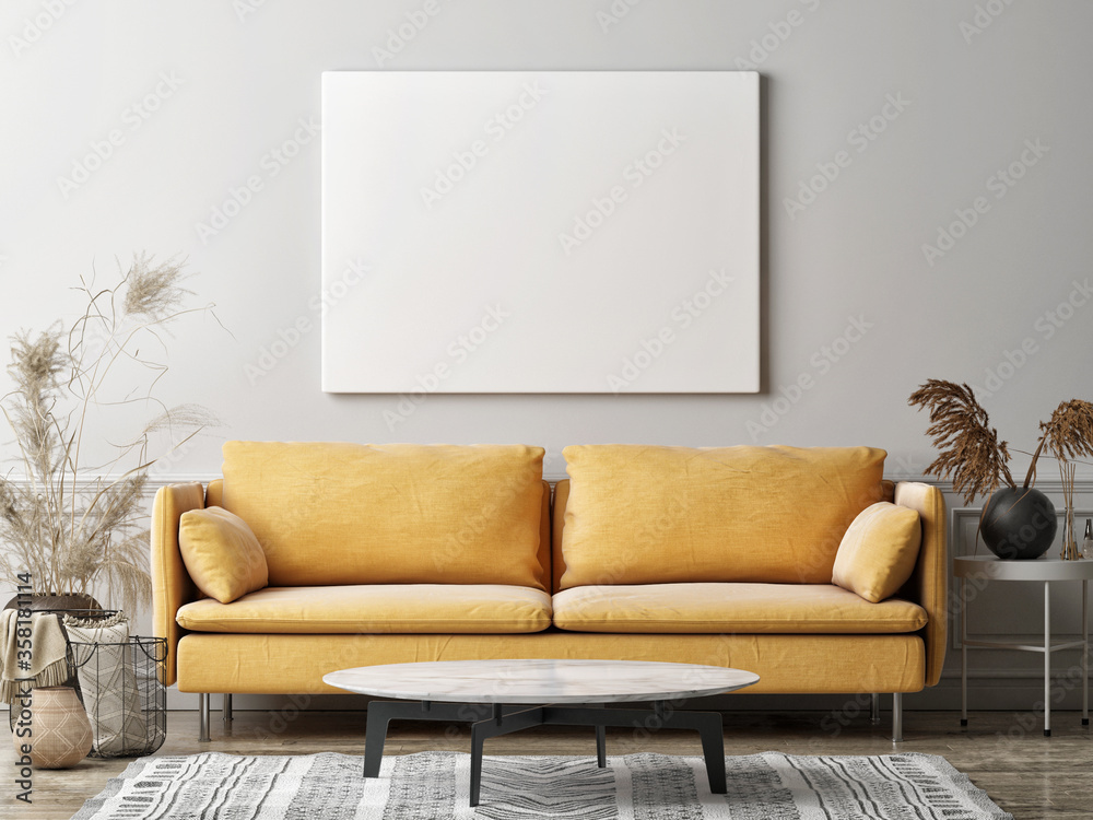 Naklejka Mockup poster in the living room, the yellow sofa in bohemian style, 3d render, 3d illustration