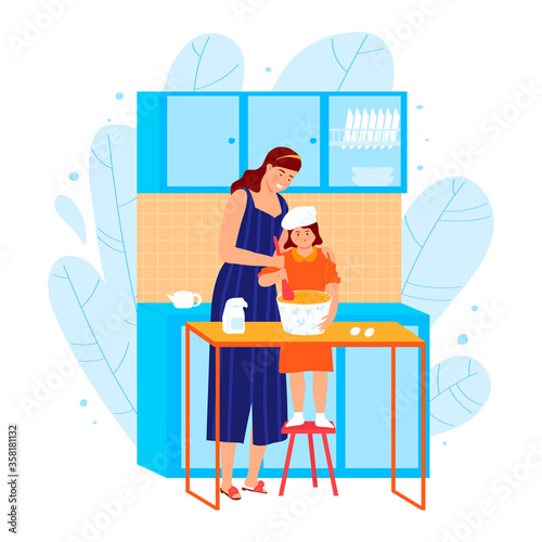 Mother and daughter kitchen cook food, family together time spend concept prepare food isolated on white, cartoon vector illustration. Design cozy cooking place, mom teach children concoct.