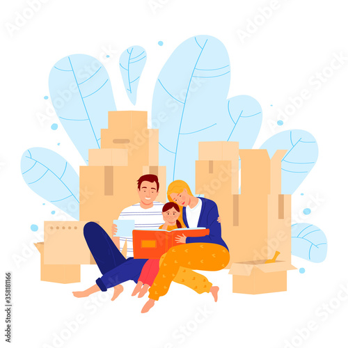 Young family sitting box, concept moving new house, father mother and daughter watch photo album isolated on white, cartoon vector illustration. Change apartment, lovely couple with children.