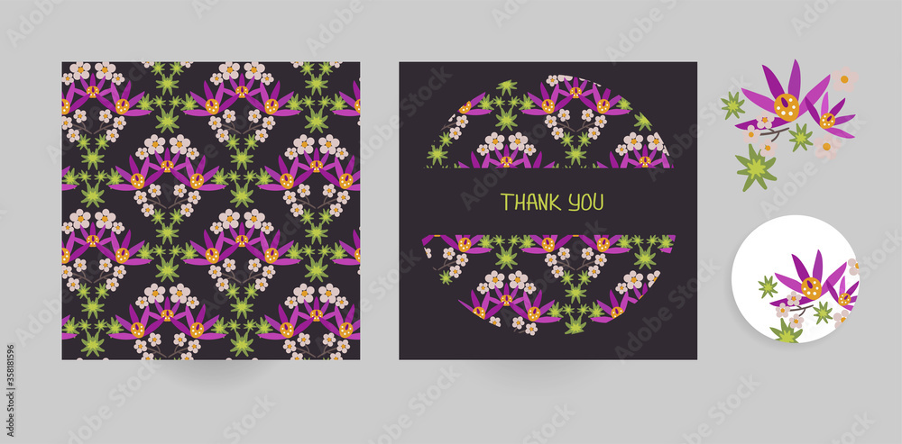 Naklejka dark vector set floral blooming card minimalistic square
