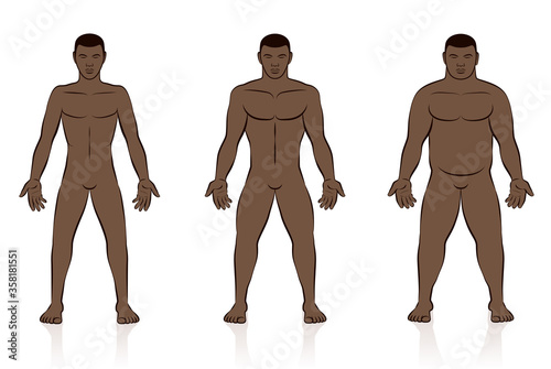 Body types. Slim, normal and fat black man. Underweight, normal weight and overweight male body. Comic vector illustration of three men with different anatomy.
<