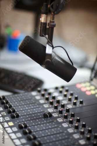 microphones and headphones for radio presenters in the radio room