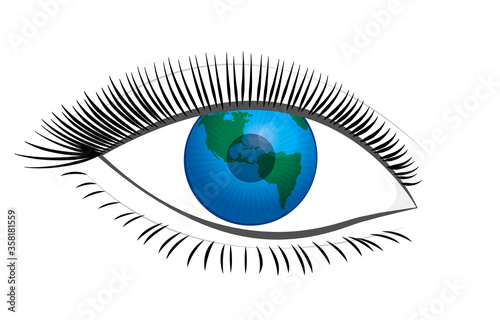 Eye with planet earth pupil. Symbol for feminine view of the world, planetary future, social development, prospective challenges. Vector comic illustration on white background. 
