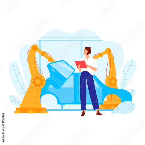 Lead engineer car factory industry woman character, female mechanic occupation professional design vehicle isolated on white, cartoon vector illustration. Person hold device remote control robot hand.