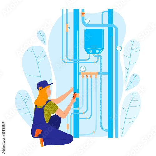 Electrical engineer industry woman character, female wiring worker occupation professional isolated on white, cartoon vector illustration. Person hold measuring device, fix factory switchboard.