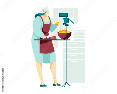 Hobby video blog woman character, cooking stream modern online internet show, female prepared food isolated on white, cartoon vector illustration. Person on camera study cook breakfast and dinner.