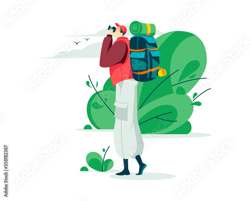 Male character travel outdoor, man photographer photo natural scenery landscape isolated on white, cartoon vector illustration. Hiking person research organic expenses, backpacker journey.