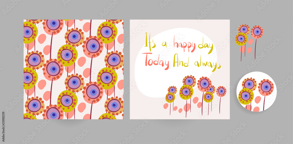 meadow vector set floral blooming card minimalistic square