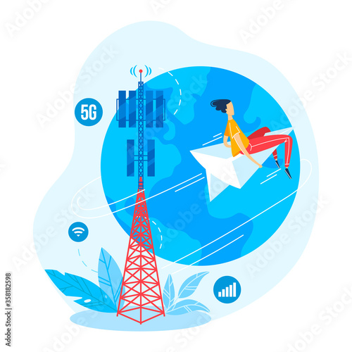 Woman character flight paper plane, modern 5g communication tower isolated on white, cartoon vector illustration. World global online internet contact facility, message wireless technology.