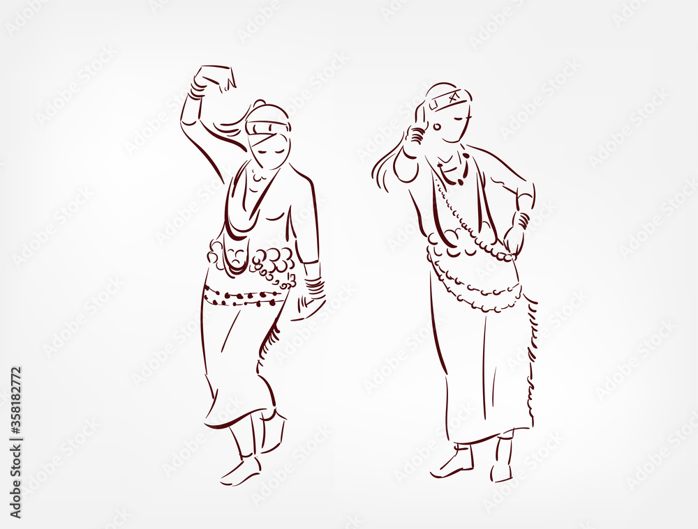 Fototapeta premium Arunachal Pradesh state India ethnic indian woman girl dance traditional sketch isolated design element