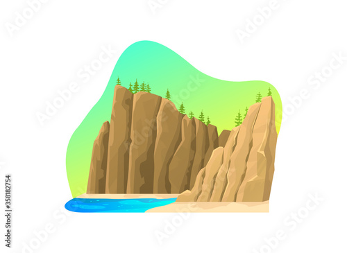 European mountain hill, green mound natural landscape with ocean bay isolated on white, cartoon vector illustration. Steep shore sea, clean water river and lake. Ecology slope inland shore.