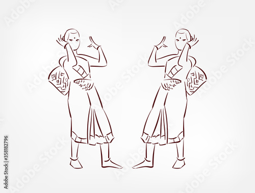 Assam state India ethnic indian woman girl dance traditional sketch isolated design element