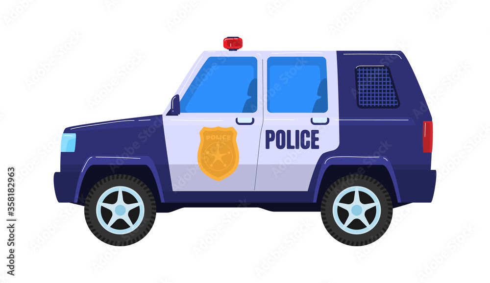 Police special car transport, truck vehicle militia service isolated on white, cartoon vector illustration. Concept icon police force wagon with flashing light, protection population.