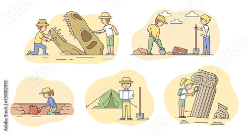 Archeology Excavation Concept. Set Of People Archaeologists Making Excavation Of Ancient Remains in Antique Ruins. People Exploring Ancient Culture. Cartoon Linear Outline Flat Vector Illustration