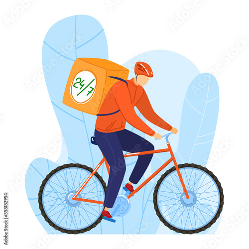 Male food delivery guy character ride bike, 24/7 express meal supply isolated on white, cartoon vector illustration. Man use bicycle, fast food restaurant serves online order foodstuff.